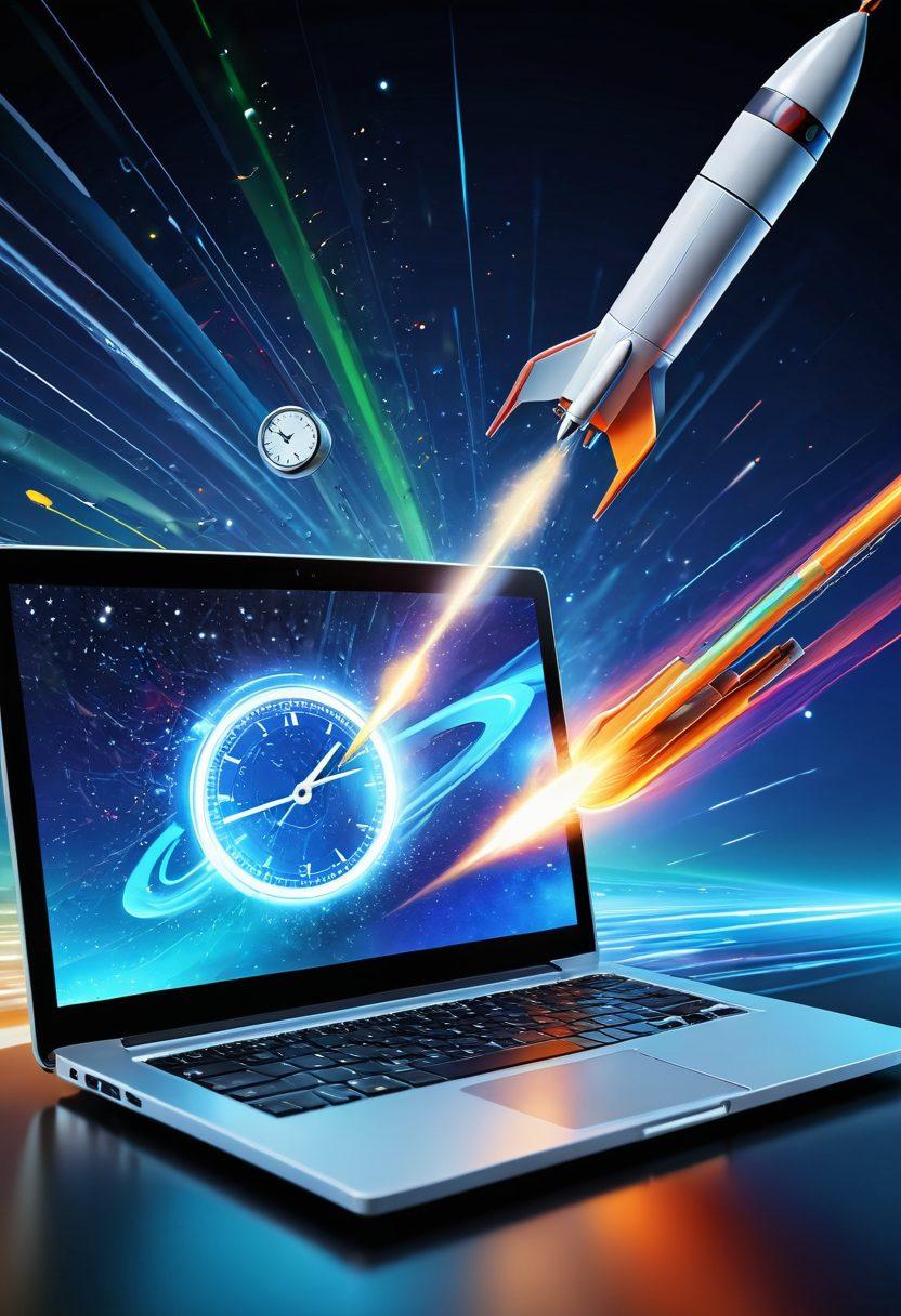 A dynamic digital landscape illustrating a high-speed internet concept, featuring a rocket launching from a laptop, surrounded by speeding data streams and clocks, symbolizing time efficiency. Include vibrant colors with a futuristic feel and various web performance metrics displayed in an engaging way. super-realistic. vibrant colors. 3D.