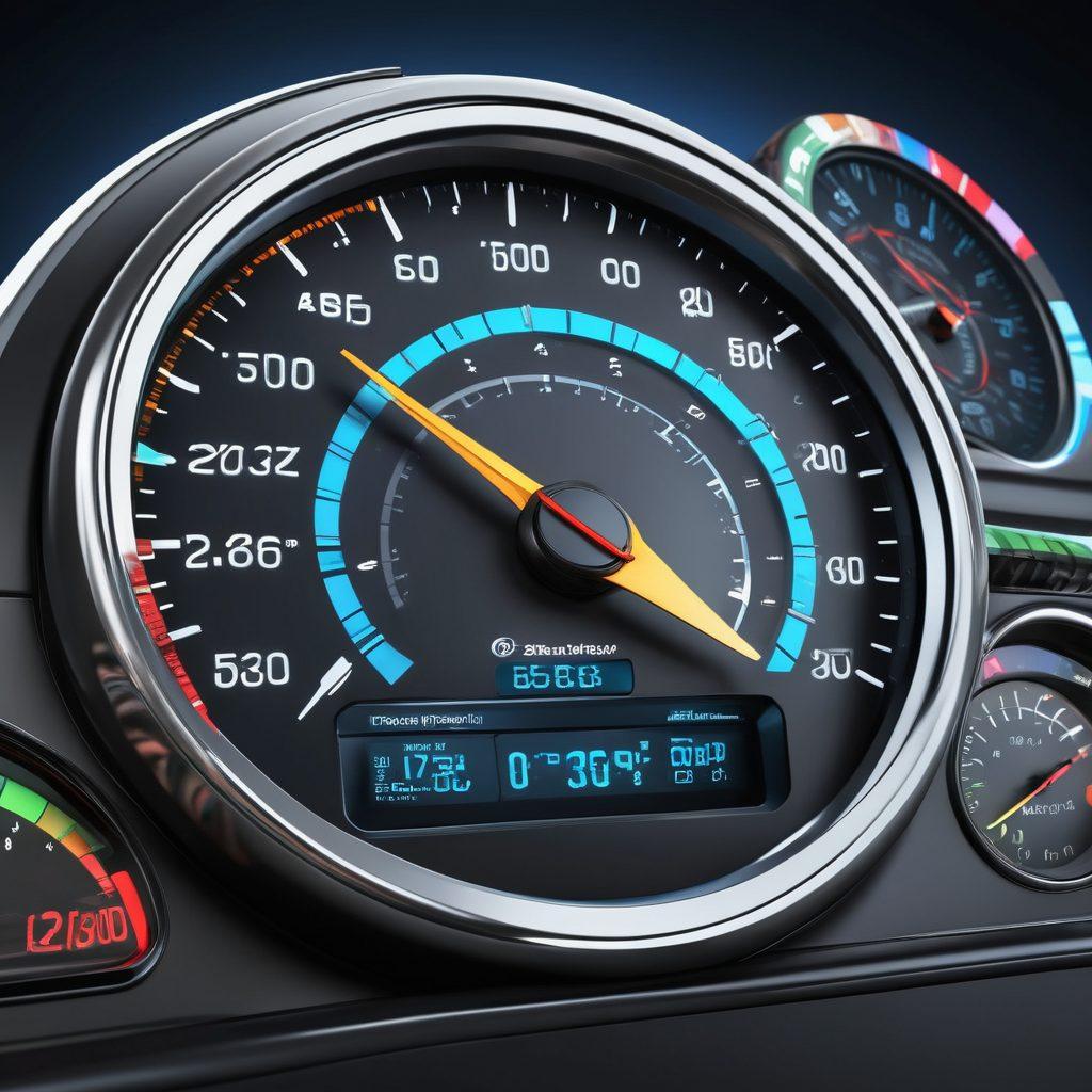 A dynamic scene depicting a blog performance dashboard with speedometer gauges, digital graphs, and icons representing bandwidth and optimization tips. In the background, there are symbols of speed like racing cars and arrows, illustrating speed enhancement. The colors are bright and energetic, emphasizing technology and efficiency. super-realistic. vibrant colors. 3D.